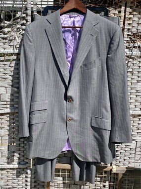 Saverio Clothiers 2 Piece Suit Bespoke Scottsdale Gray Purple Pinstripe Vintage